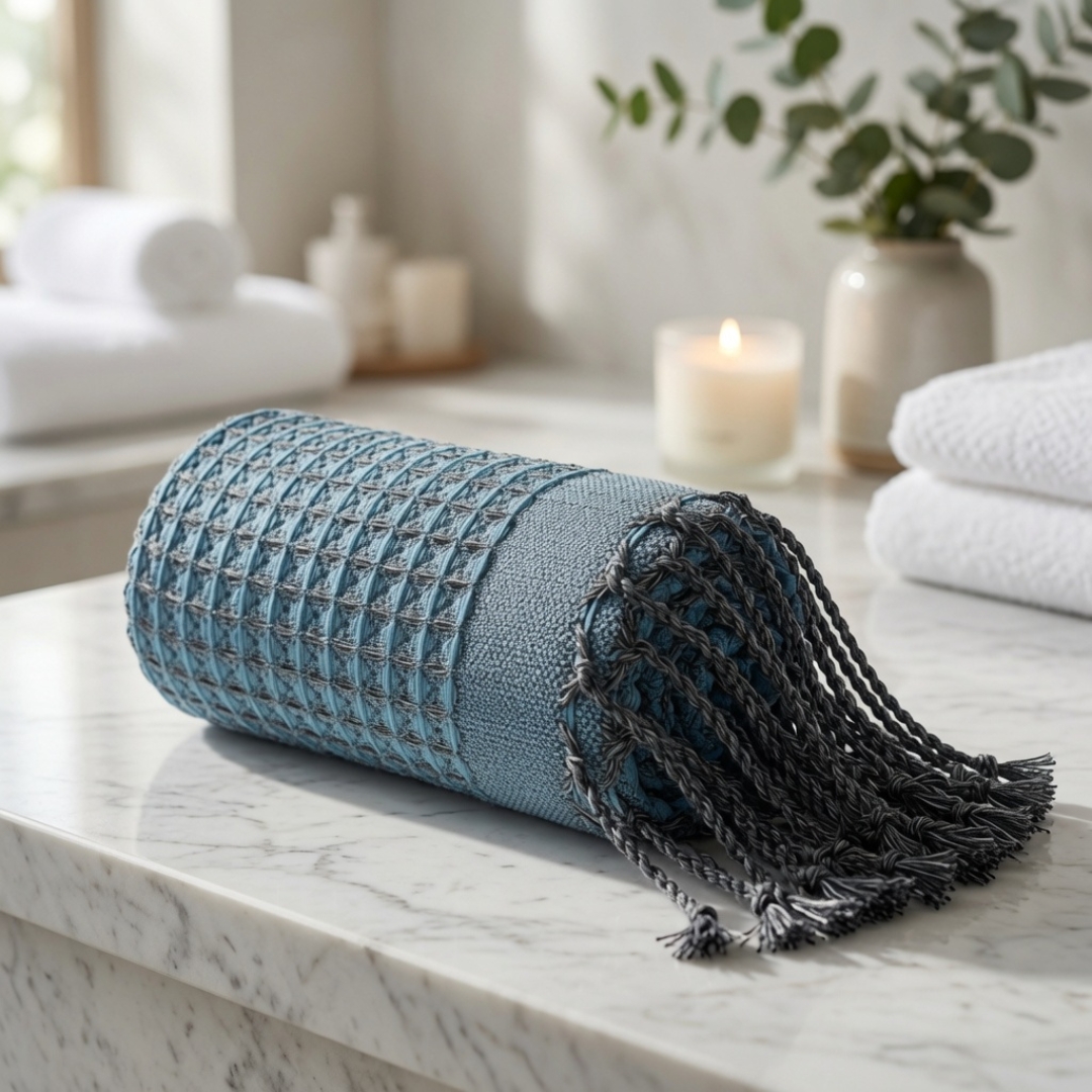 Fouta Gaufrée Bleu – Élégance et Confort au Quotidien