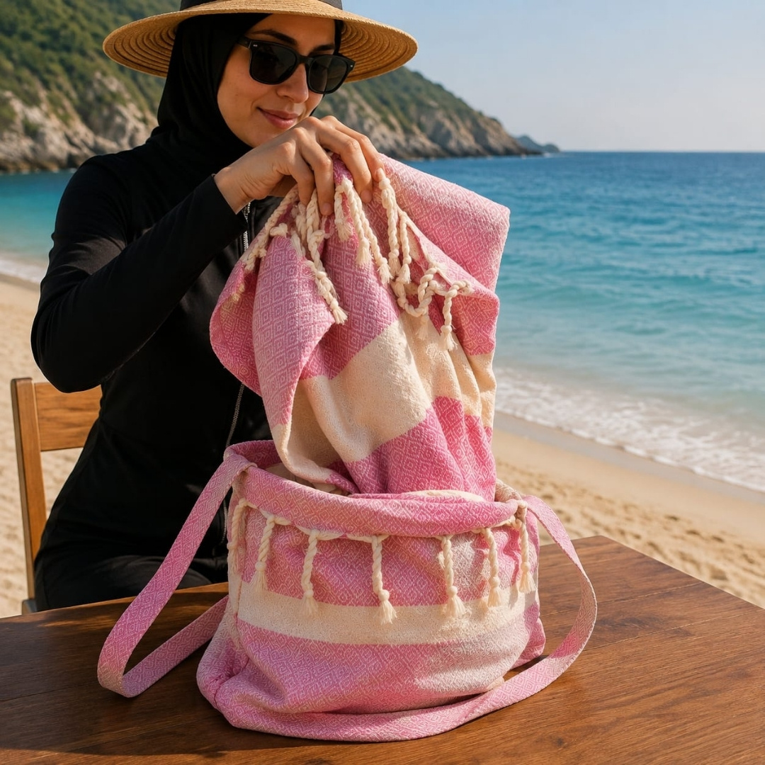 Fouta Marina 3en1 Sac serviette et tapis de plage