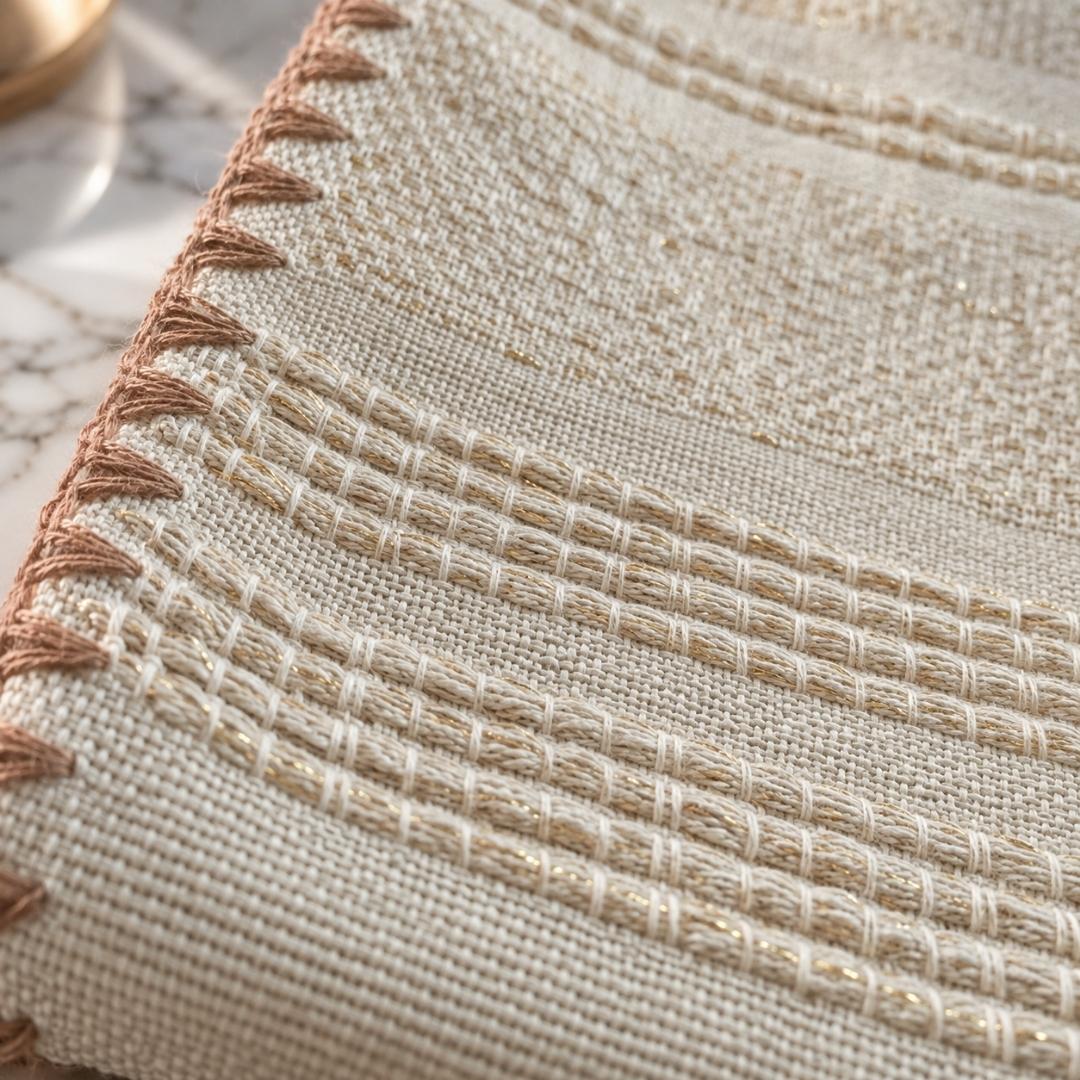 Jeté & Nappe HARMONIE en 100 % coton fait main, 300 × 140 cm. Grège & Doré, idéal comme jeté de canapé ou nappe de table.
